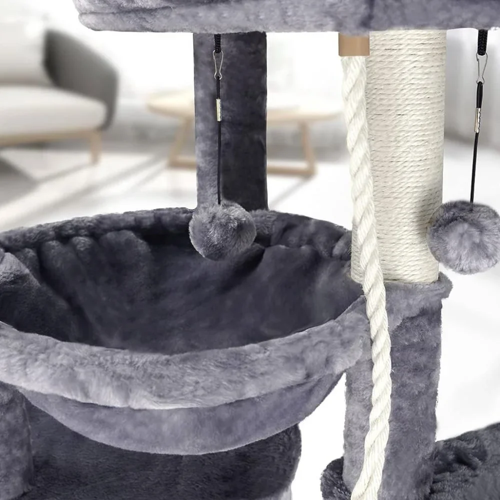Three Layer Cat Tree with Cat Condo and Two Hammocks, Grey